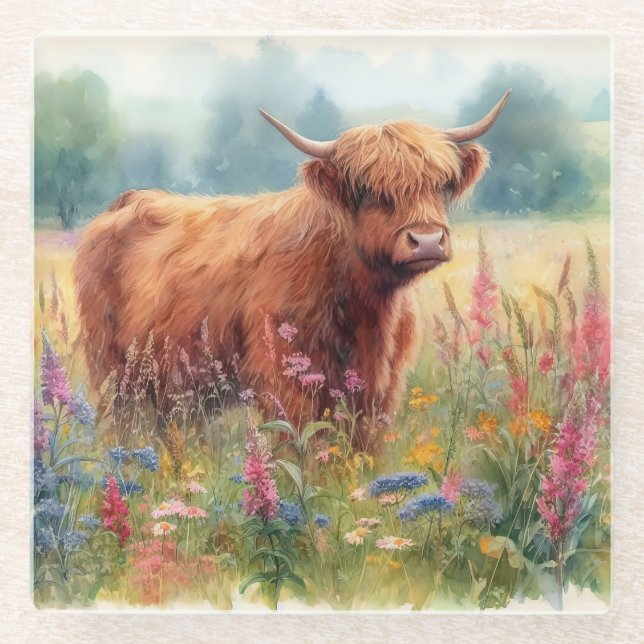 Highland Cow Watercolor Wildflower Field Glass Coaster (Front)