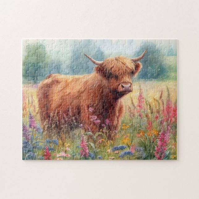 Highland Cow Watercolor Wildflower Field Jigsaw Puzzle (Horizontal)