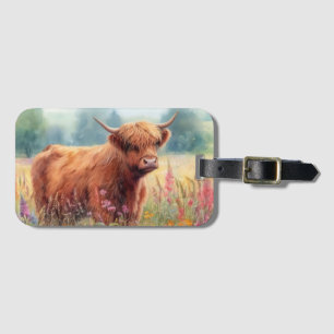Highland Cow Watercolor Wildflower Field Luggage Tag