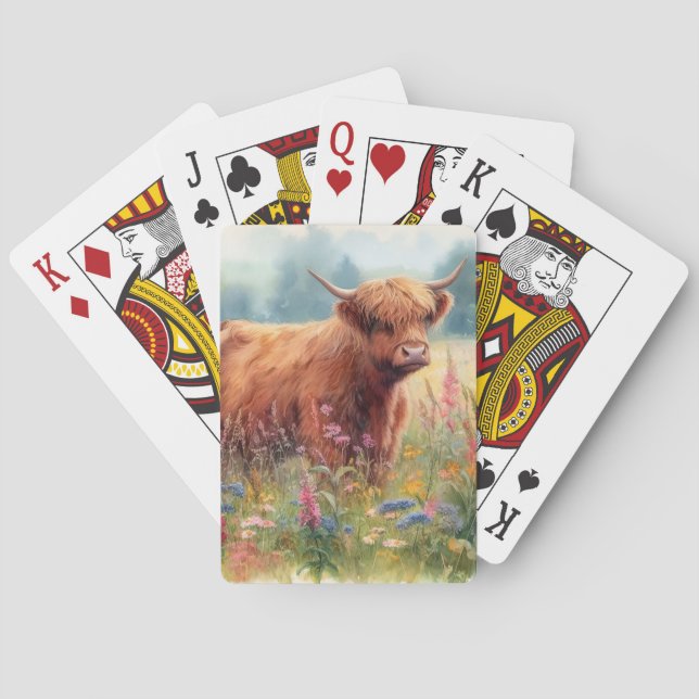 Highland Cow Watercolor Wildflower Field Playing Cards (Back)