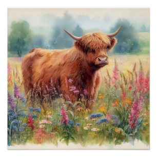 Highland Cow Watercolor Wildflower Field Poster