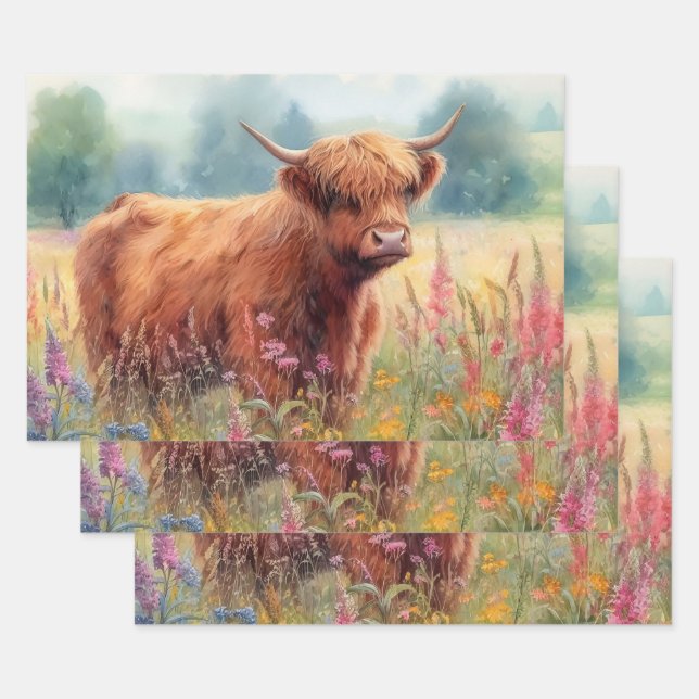 Highland Cow Watercolor Wildflower Field Wrapping Paper Sheet (Set)