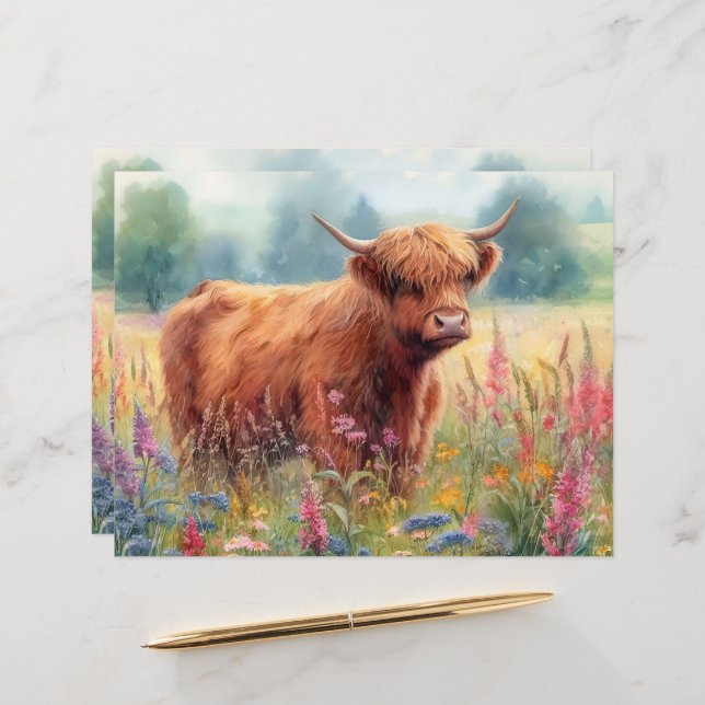 Highland Cow Watercolor Wildflower Scrapbook Paper (Front/Back In Situ)