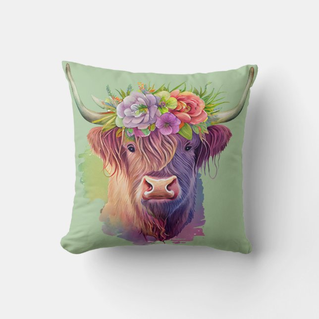 Highland Cow watercolor with flowers  Cushion (Front)