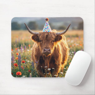 Highland Cow Wearing a Birthday Party Hat Mouse Mat