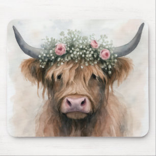Highland Cow Wearing a Floral Wedding Crown Mouse Mat