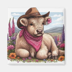  Highland Cow Wearing Hat and Bandanna  Magnet