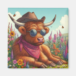 Highland Cow Wearing Sunglasses and Cowboy Hat  Magnet