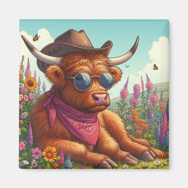 Highland Cow Wearing Sunglasses and Cowboy Hat  Magnet (Front)