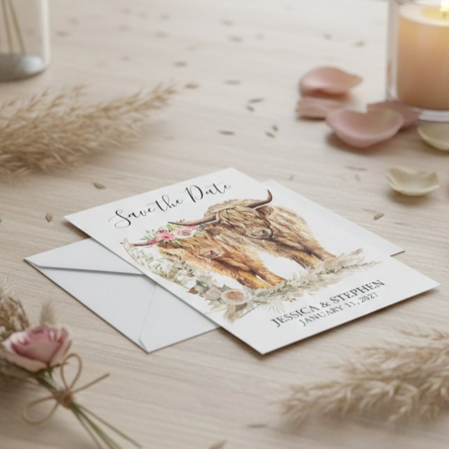 Highland Cow Wedding Watercolor  Save The Date (Creator Uploaded)
