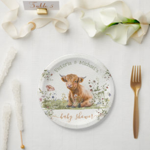 Highland Cow Wildflower Baby Shower Paper Plate