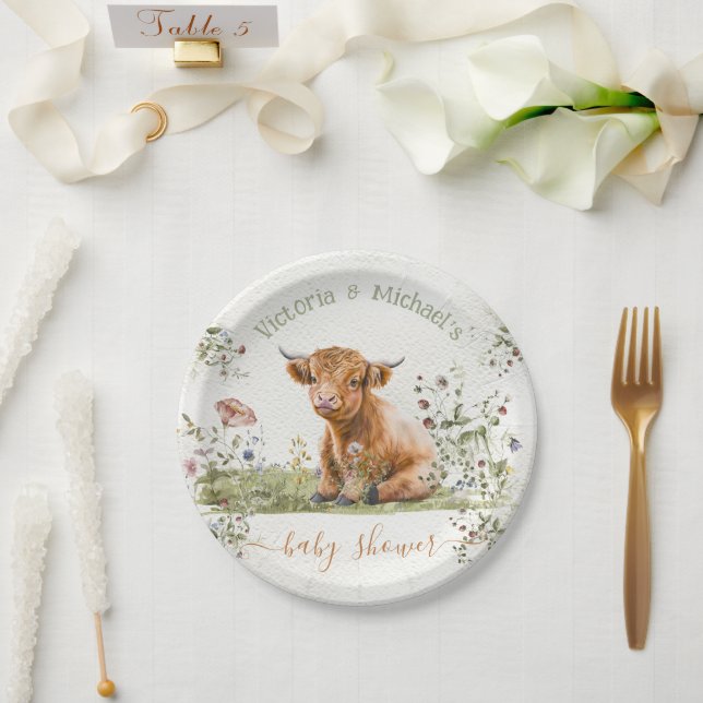 Highland Cow Wildflower Baby Shower Paper Plate (Wedding)