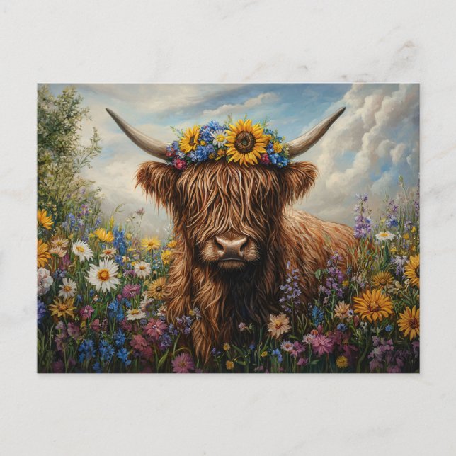 Highland Cow Wildflower Flower Crown Postcard (Front)