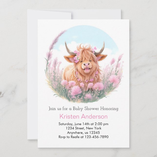 Highland Cow Wildflower Girl Baby Shower Invitation (Front)