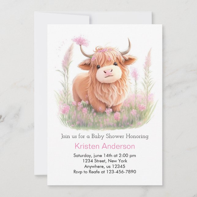 Highland Cow Wildflower Whimsy Girl Baby Shower Invitation (Front)