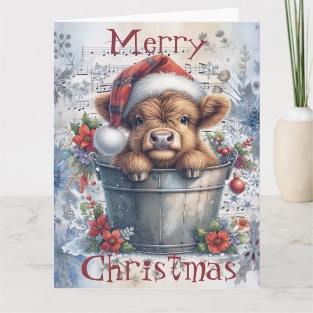 Highland Cow Winter Christmas Watercolor Card (Front)