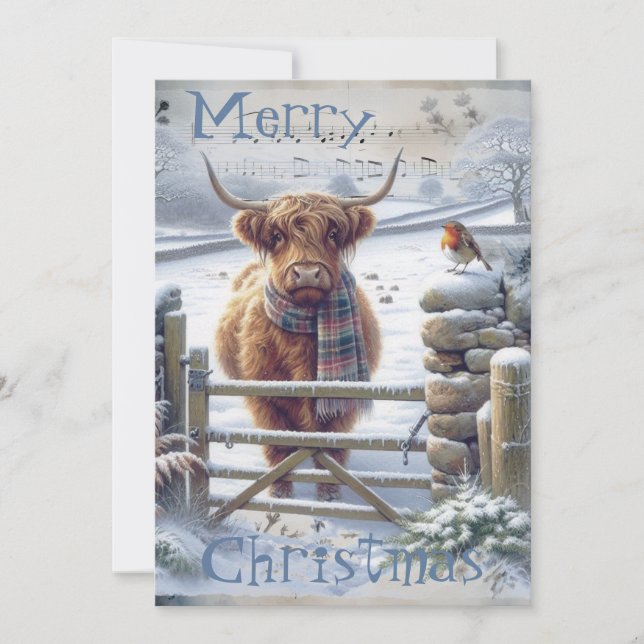 Highland Cow Winter Christmas Watercolor Holiday Card (Front)