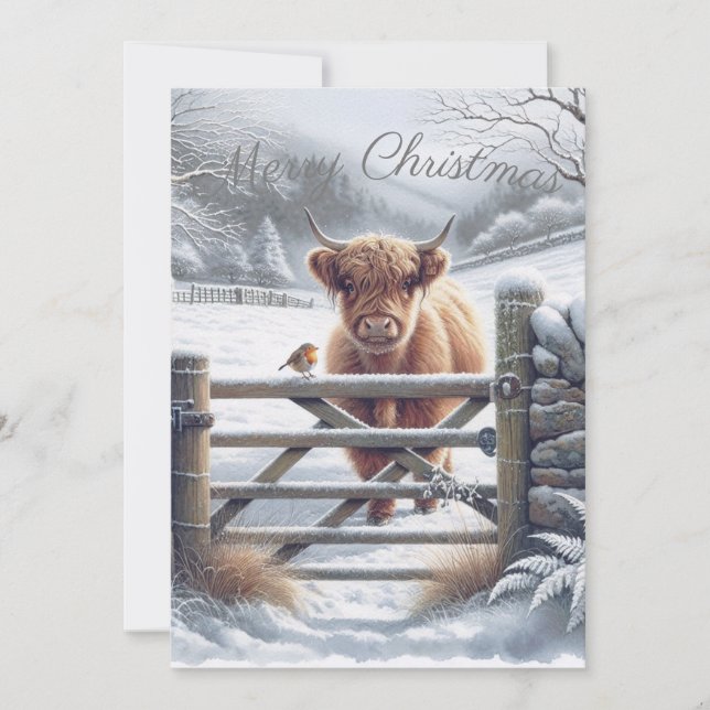 Highland Cow Winter Christmas Watercolor Holiday Card (Front)