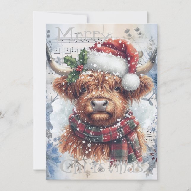 Highland Cow Winter Christmas Watercolor Holiday Card (Front)