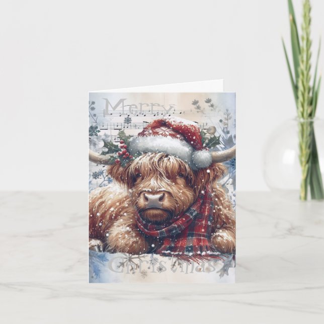 Highland Cow Winter Christmas Watercolor Holiday Card (Front)