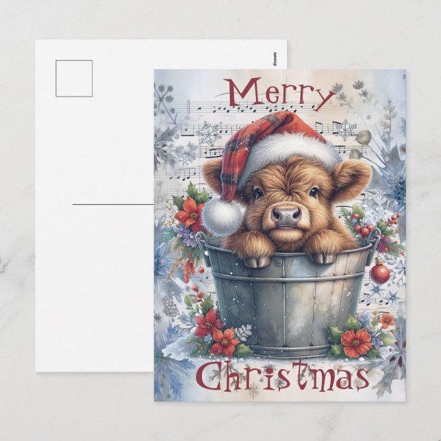 Highland Cow Winter Christmas Watercolor Holiday Postcard (Front/Back)