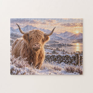 Highland Cow Winter Sunset Countryside Art Jigsaw Puzzle