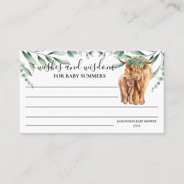 Highland Cow Wishes Wisdom Eucalyptus Baby Shower Enclosure Card (Front)