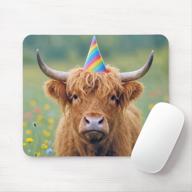 Highland Cow with Birthday Party Hat Mouse Mat (With Mouse)