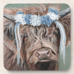 Highland Cow with Blue and White Crown Coaster