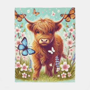 Highland Cow with Butterflies and Spring Flowers Fleece Blanket