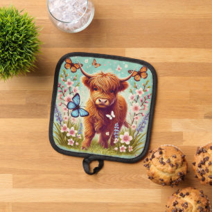 Highland Cow with Butterflies and Spring Flowers Pot Holder