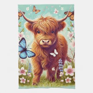 Highland Cow with Butterflies and Spring Flowers Tea Towel