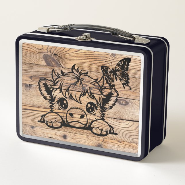 Highland Cow with Butterfly Black/Faux Woodgrain Metal Lunch Box (Front)