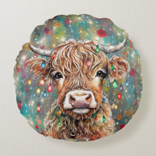 Highland Cow with Christmas Lights Holiday Teal Round Cushion