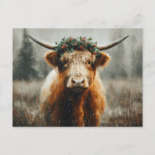 Highland Cow With Christmas Wreath Crown Postcard
