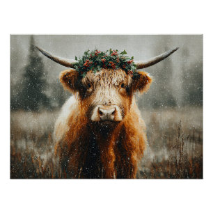 Highland Cow With Christmas Wreath Crown Poster
