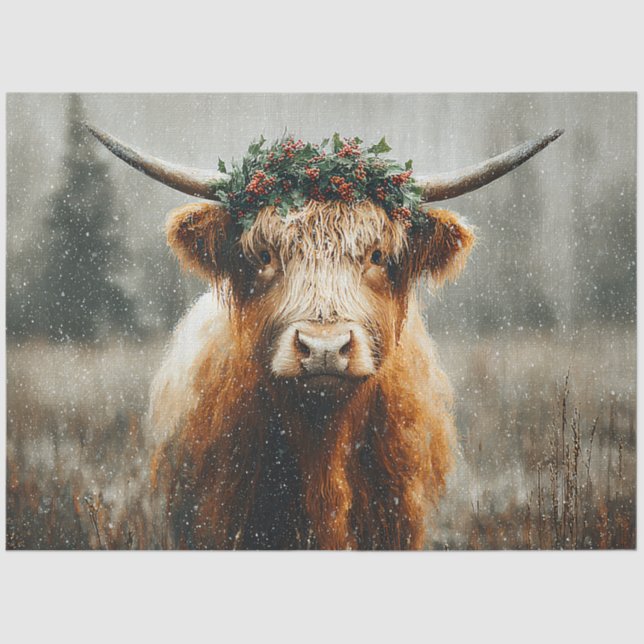 Highland Cow With Christmas Wreath Crown Tissue Paper (Front)