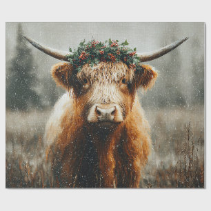 Highland Cow With Christmas Wreath Crown Wrapping Paper