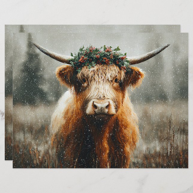 Highland Cow With Christmas Wreath Scrapbook Paper (Front/Back)
