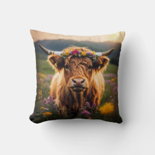 Highland Cow With Colourful Flower Crown Cushion