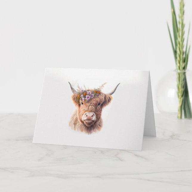 Highland Cow with Floral Crown Watercolor Illustra Card (Front)