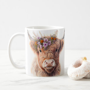Highland Cow with Floral Crown Watercolor Illustra Coffee Mug