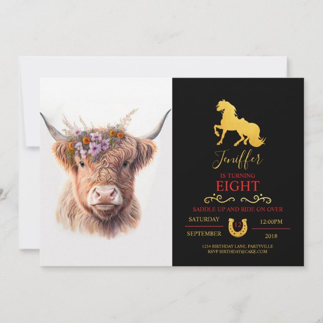 Highland Cow with Floral Crown Watercolor Illustra Invitation (Front)