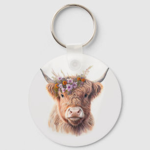 Highland Cow with Floral Crown Watercolor Illustra Key Ring