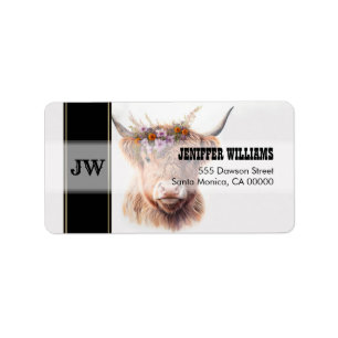Highland Cow with Floral Crown Watercolor Illustra Label