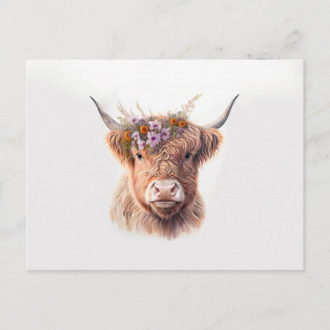 Highland Cow with Floral Crown Watercolor Illustra Postcard (Front)