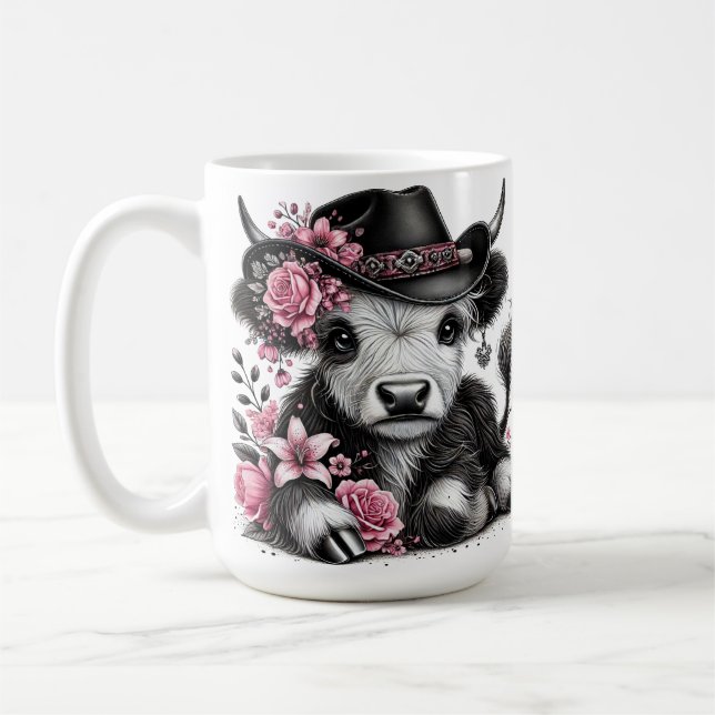 Highland Cow With Floral Hat Coffee Mug (Left)