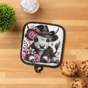 Highland Cow With Floral Hat Pot Holder
