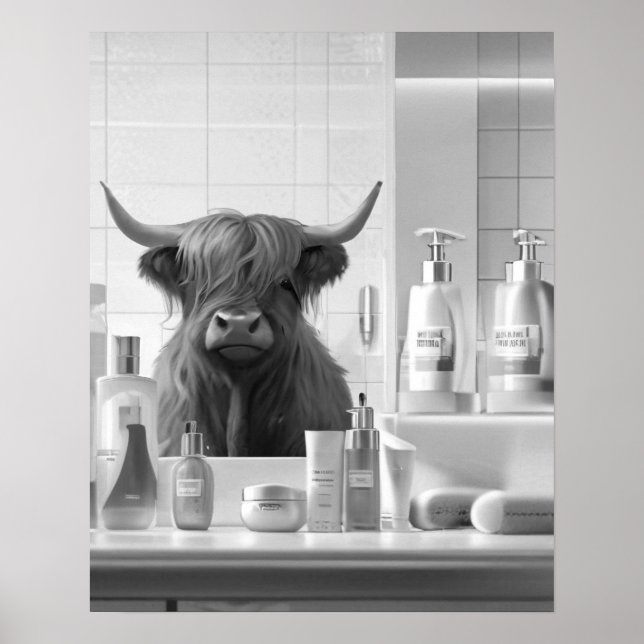 Highland Cow with Hair Styling Products Bathroom Poster (Front)