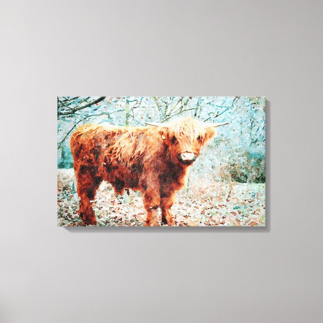 Highland Cow with Horns Watercolour Art Painting Canvas Print (Front)